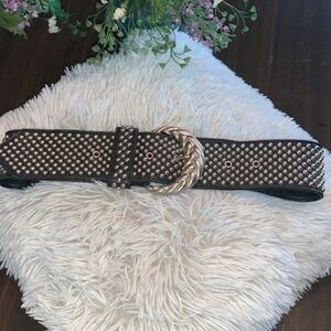 Leather Belt Black with Silver Beads and Large Silver Braided Buckle size small